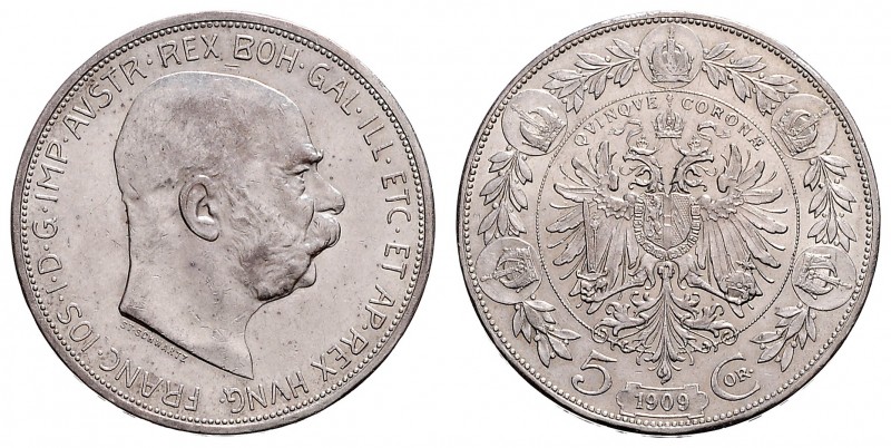 FRANZ JOSEPH I (1848 - 1916)&nbsp;
5 Corona St. Schwarz, 1909, 23,94g, Früh. 19...