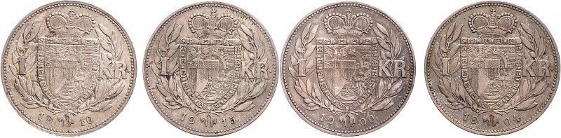 LIECHTENSTEIN &nbsp;
Lot 4 coins 1 Krone 1900, 1904, 1910, 1915, KM Y#2&nbsp;
...