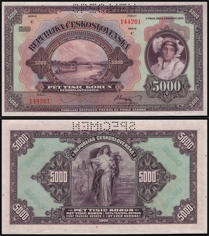 CZECHOSLOVAK REPUBLIK (1919 - 1939)&nbsp;
5000 Korun SPECIMEN, 1920, Série C, A...