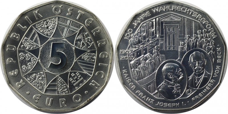 5 Euro 2007 
RDR – Habsburg – Österreich, REPUBLIK ÖSTERREICH. 100 Jahre Wahlre...