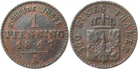 1 Pfennig 1847 A
Altdeutsche Münzen und Medaillen, BRANDENBURG IN PREUSSEN. Wilhelm IV. (1840-1861). 1 Pfennig 1847 A, Kupfer. Jaeger 46, AKS 92. Seh...
