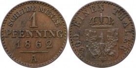 1 Pfennig 1862 A
Altdeutsche Münzen und Medaillen, BRANDENBURG IN PREUSSEN. Wilhelm I. (1861-1888). 1 Pfennig 1862 A, Kupfer. Jaeger 50, AKS 108. Vor...