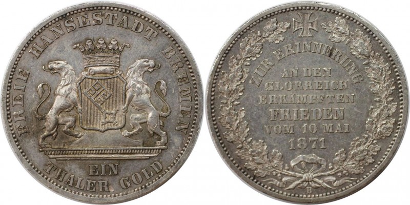Taler 1871 B
Altdeutsche Münzen und Medaillen, BREMEN - STADT. Taler 1871 B, "F...