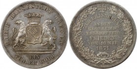 Taler 1871 B
Altdeutsche Münzen und Medaillen, BREMEN - STADT. Taler 1871 B, "Frieden vom 10. Mai 1871, Ein Thaler Gold". Silber. AKS 17. Vorzüglich...