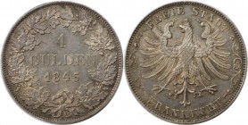 Gulden 1845 
Altdeutsche Münzen und Medaillen, FRANKFURT - STADT. Freie Stadt. Gulden 1845, Silber. AKS 12. Vorzüglich-stempelglanz, kl.Randfehler