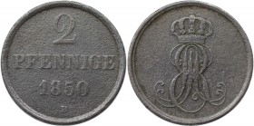 2 Pfennig 1850 B
Altdeutsche Münzen und Medaillen, HANNOVER. Ernst August (1837-1851). 2 Pfennig 1850 B, Kupfer. Jaeger 75, AKS 124. Sehr Schön