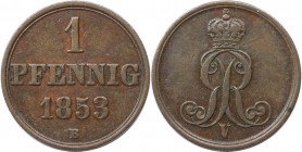 1 Pfennig 1853 B
Altdeutsche Münzen und Medaillen, HANNOVER. Georg V. (1851-1866). 1 Pfennig 1853 B, Kupfer. Jaeger 83, AKS 155. Sehr Schön