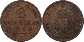 2 Pfennig 1860 A
Altdeutsche Münzen und Medaillen, PREUßEN. Friedrich Wilhelm IV. (1840-1861). 2 Pfennig 1860 A, Kupfer. AKS 91. Vorzüglich