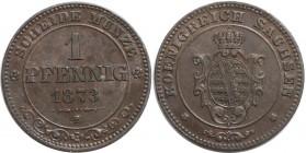 1 Pfennig 1873 B
Altdeutsche Münzen und Medaillen, SACHSEN - ALBERTINE. Johann (1854-1873). 1 Pfennig 1873 B, Kupfer. KM #1216. AKS 155. Vorzüglich