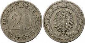 20 Pfennig 1887 A
Deutsche Münzen und Medaillen ab 1871, REICHSKLEINMÜNZEN. 20 Pfennig 1887 A, kleiner Adler. Kupfer-Nickel. Jaeger 6. Vorzüglich, kl...