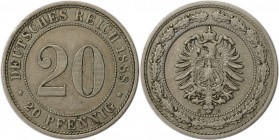 20 Pfenning 1888 E
Deutsche Münzen und Medaillen ab 1871, REICHSKLEINMÜNZEN. 20 Pfenning 1888 E, Kupfer-Nickel. Jaeger 6. Vorzüglich, kl.Kratzer.