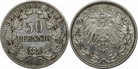 50 Pfennig 1903 A
Deutsche Münzen und Medaillen ab 1871, REICHSKLEINMÜNZEN. 50 Pfennig 1903 A, Silber. Jaeger 15. Sehr Schön-Vorzüglich, Berieben