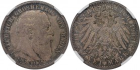 2 Mark 1907 
Deutsche Münzen und Medaillen ab 1871, REICHSSILBERMÜNZEN, Baden, Friedrich I. (1852-1907). 2 Mark 1907, auf den Tod. Silber. Jaeger 36....