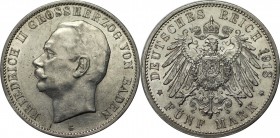 5 Mark 1913 G
Deutsche Münzen und Medaillen ab 1871, REICHSSILBERMÜNZEN, Baden. Friedrich II. (1907-1918). 5 Mark 1913 G, Silber. Jaeger 40. Vorzügli...