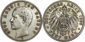 5 Mark 1906 D
Deutsche Münzen und Medaillen ab 1871, REICHSSILBERMÜNZEN, Bayern. Otto (1886-1913). 5 Mark 1906 D, Jaeger 46. Sehr schön. Kl.Kratzer....
