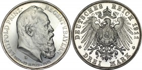 3 Mark 1911 D
Deutsche Münzen und Medaillen ab 1871, REICHSSILBERMÜNZEN, Bayern. Prinzregent Luitpold (1886-1912). 3 Mark 1911 D, zum 90-jähr. Geb. m...