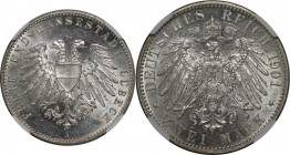 2 Mark 1901 A
Deutsche Münzen und Medaillen ab 1871, REICHSSILBERMÜNZEN, Lübeck. 2 Mark 1901 A, Silber. Jaeger 80. NGC MS-63