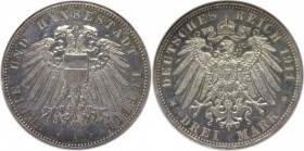 3 Mark 1911 A
Deutsche Münzen und Medaillen ab 1871, REICHSSILBERMÜNZEN, Lübeck. 3 Mark 1911 A, Silber. KM 215. NGC PR-63