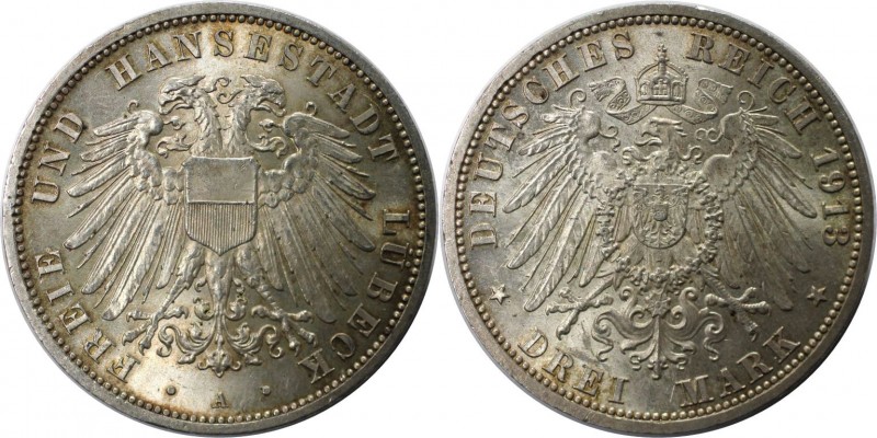 3 Mark 1913 A
Deutsche Münzen und Medaillen ab 1871, REICHSSILBERMÜNZEN, Lübeck...