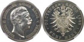 5 Mark 1888 A
Deutsche Münzen und Medaillen ab 1871, REICHSSILBERMÜNZEN, Preußen. Wilhelm II. (1888-1918). 5 Mark 1888 A, Silber. Jaeger 104. NGC PF-...