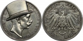 3 Mark 1909 A
Deutsche Münzen und Medaillen ab 1871, REICHSSILBERMÜNZEN, Preußen. Wilhelm II. (1888-1918). 3 Mark 1909 A, mit aufgelötetem Zylinder. ...