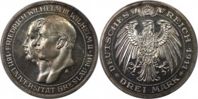 3 Mark 1911 A
Deutsche Münzen und Medaillen ab 1871, REICHSSILBERMÜNZEN, Preußen. Wilhelm II. (1888-1918). 3 Mark 1911 A, Universität Breslau Jahrhun...
