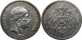 5 Mark 1904 E
Deutsche Münzen und Medaillen ab 1871, REICHSSILBERMÜNZEN, Sachsen, Georg (1902-1904). 5 Mark 1904 E, Silber. Sehr schön. Kratzer