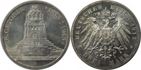 3 Mark 1913 E
Deutsche Münzen und Medaillen ab 1871, REICHSSILBERMÜNZEN, Sachsen. Jahrhundertfeier Völkerschlacht bei Leipzig. 3 Mark 1913 E, Silber....