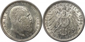2 Mark 1906 F
Deutsche Münzen und Medaillen ab 1871, REICHSSILBERMÜNZEN, Württemberg. Wilhelm II. (1891-1918). 2 Mark 1906 F, Silber. Jaeger 174. Vor...