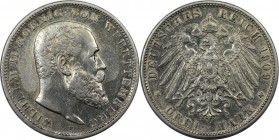 3 Mark 1909 F
Deutsche Münzen und Medaillen ab 1871, REICHSSILBERMÜNZEN, Württemberg. Wilhelm II. (1891-1918). 3 Mark 1909 F, Silber. Jaeger 175. Vor...