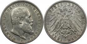 3 Mark 1910 F
Deutsche Münzen und Medaillen ab 1871, REICHSSILBERMÜNZEN, Württemberg. Wilhelm II. (1891-1918). 3 Mark 1910 F, Silber. Jaeger 175. Seh...