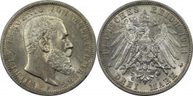 3 Mark 1914 F
Deutsche Münzen und Medaillen ab 1871, REICHSSILBERMÜNZEN, Württemberg. Wilhelm II. (1891-1918). 3 Mark 1914 F, Silber. Jaeger 175a. Vo...
