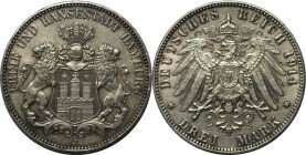 3 Mark 1914 J
Deutsche Münzen und Medaillen ab 1871, REICHSSILBERMÜNZEN, Hamburg. 3 Mark 1914 J, Silber. Jaeger 64. Vorzüglich