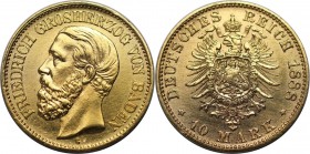 10 Mark 1888 G
Deutsche Münzen und Medaillen ab 1871, REICHSGOLDMÜNZEN, Baden, Friedrich I. (1852-1907). 10 Mark 1888 G, Gold. Jaeger 186. Fast Stemp...