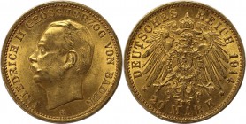 20 Mark 1914 G
Deutsche Münzen und Medaillen ab 1871, REICHSGOLDMÜNZEN, Baden, Friedrich II. (1907-1918). 20 Mark 1914 G, Gold. Jaeger 192. Fast Stem...
