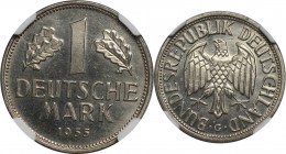1 Mark 1955 G
Deutsche Münzen und Medaillen ab 1945, BUNDESREPUBLIK DEUTSCHLAND. 1 Mark 1955 G, Kupfer-Nickel. Jaeger 385. NGC MS-66