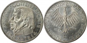 5 Mark 1964 J
Deutsche Münzen und Medaillen ab 1945, BUNDESREPUBLIK DEUTSCHLAND. 150. Todestag Fichtes. 5 Mark 1964 J, Silber. Jaeger 393. Stempelgla...
