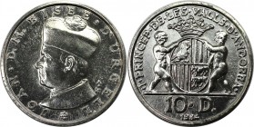 10 Diners 1984 
Europäische Münzen und Medaillen, Andorra. Joan D.M. Bisbe d'Urgell. 10 Diners 1984, Silber. 0.23 OZ. KM 17. Stempelglanz