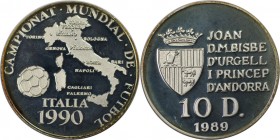 10 Diners 1989 
Europäische Münzen und Medaillen, Andorra. Fussball WM 1990 in Italien. 10 Diners 1989, Silber. 0.36 OZ. KM 60. Polierte Platte