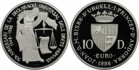 10 Diners 1998 
Europäische Münzen und Medaillen, Andorra. Menschenrechte. 10 Diners 1998, Silber. KM 143. Polierte Platte