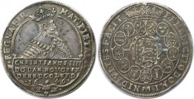 Speciedaler 1646 HK
Europäische Münzen und Medaillen, Dänemark / Denmark. Christian IV. (1588-1648). Speciedaler 1646 HK, Silber. 28,70 g. Dav. 3536,...