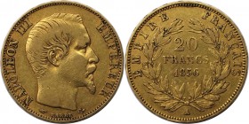 20 Francs 1856 A
Europäische Münzen und Medaillen, Frankreich / France. Napoleon III. (1852-1870). 20 Francs 1856 A, Gold. KM 781.1. Sehr schön