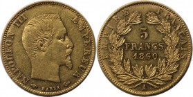 5 Francs 1860 A
Europäische Münzen und Medaillen, Frankreich / France. Napoleon III. (1852-1870). 5 Francs 1860 A, Gold. KM 787.1. Vorzüglich