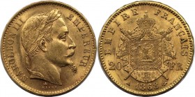 20 Francs 1868 A
Europäische Münzen und Medaillen, Frankreich / France. Napoleon III. (1852-1870). 20 Francs 1868 A, Gold. KM 801.1. Vorzüglich