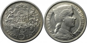 5 Lati 1929 
Europäische Münzen und Medaillen, Lettland / Latvia. 5 Lati 1929, Silber. KM 9. Fast Vorzüglich