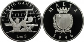 5 Liri 1996 
Europäische Münzen und Medaillen, Malta. Olympische Spiele 1996 - Wasser Polo. 5 Liri 1996, Silber. 0.94 OZ. KM 110. Polierte Platte