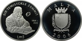 5 Liri 2006 
Europäische Münzen und Medaillen, Malta. "Sir Temistokle Zammit". 5 Liri 2006, Silber. KM 138. Polierte Platte, mit Plastik Box