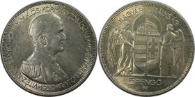 5 Pengö 1930 
Europäische Münzen und Medaillen, Ungarn / Hungary. Admiral Horthy. 5 Pengö 1930, Silber. 0.52 OZ. KM 512.1. Vorzüglich-Stempelglanz...