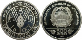 500 Afghanis 1981 
Weltmünzen und Medaillen, Afghanistan. Welternährungstag. 500 Afghanis 1981, Silber. 0,39 OZ. KM 1002. Polierte Platte