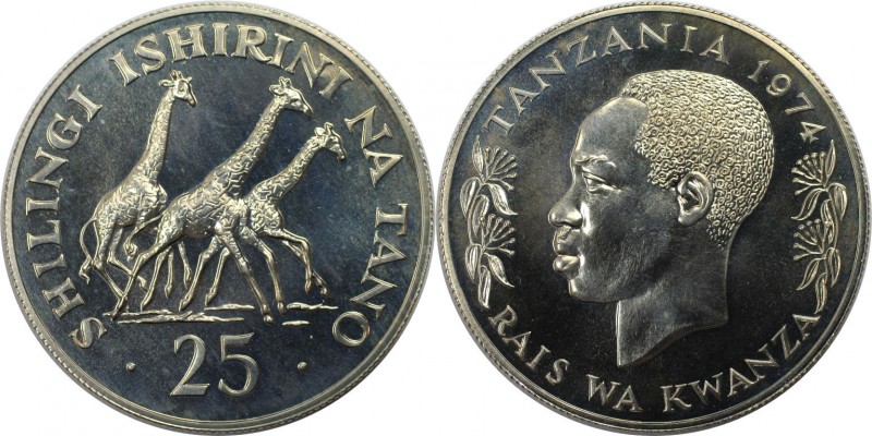 25 Shilingi 1974 
Weltmünzen und Medaillen, Tansania / Tanzania. Steppengiraffe...